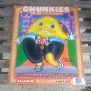 Vintage Chunkies Humpty Dumpty Fabricante de quebra-cabeças de papelão grosso Sharin 8 peças, idades de 2 a 5 anos, 1984, feito nos EUA