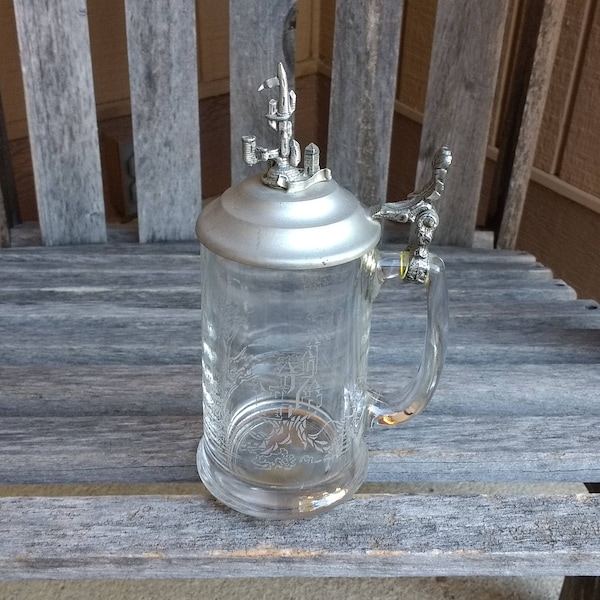 Vintage Ballena Bay Pewter Castle Beer Stein Etched Glass and Pewter Castle Lid Lead Free