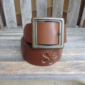 Vintage Brown Leather Daisy Belt Genuine Leather with Square Single Prong Buckle Length 32&quot; to 36&quot;