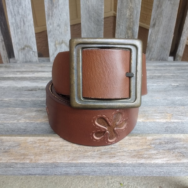 Vintage Brown Leather Daisy Belt Genuine Leather with Square Single Prong Buckle Length 32" to 36"