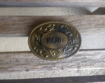ROB Oval Embossed Metal Belt Buckle Retro Vintage 70s Name Buckle Maker The Kinney Co Year 1977