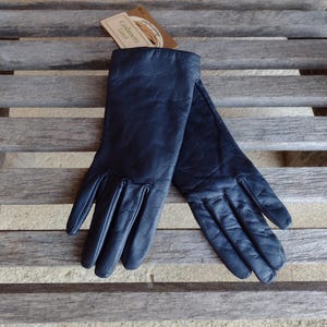 Peut inclure: Une paire de gants en cuir bleu marine, posée sur un banc en bois vieilli. Les gants sont lisses et semblent neufs. Une petite étiquette est visible en arrière-plan. Un accessoire classique.