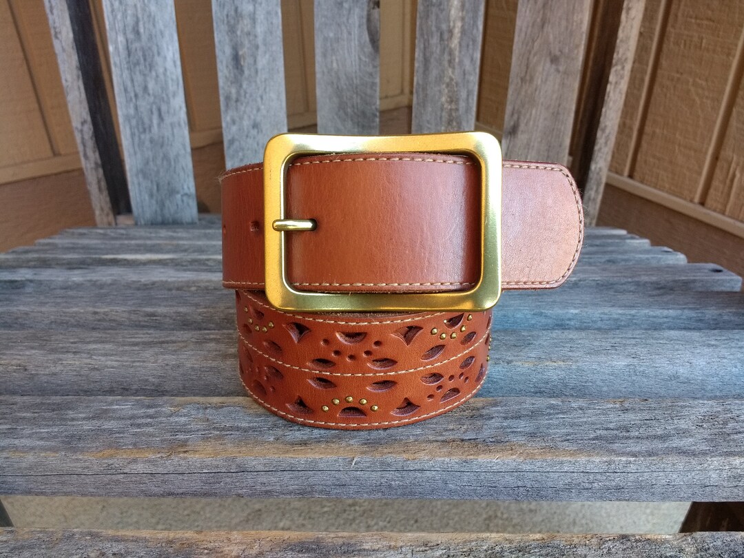 Vintage Brown Leather Eddie Bauer Belt Wide Studded Cognac Belt With