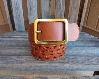 Vintage Brown Leather Eddie Bauer Belt Wide Studded Cognac Belt with Brass Accents Genuine Leather Size M (33&quot; to 37&quot;)