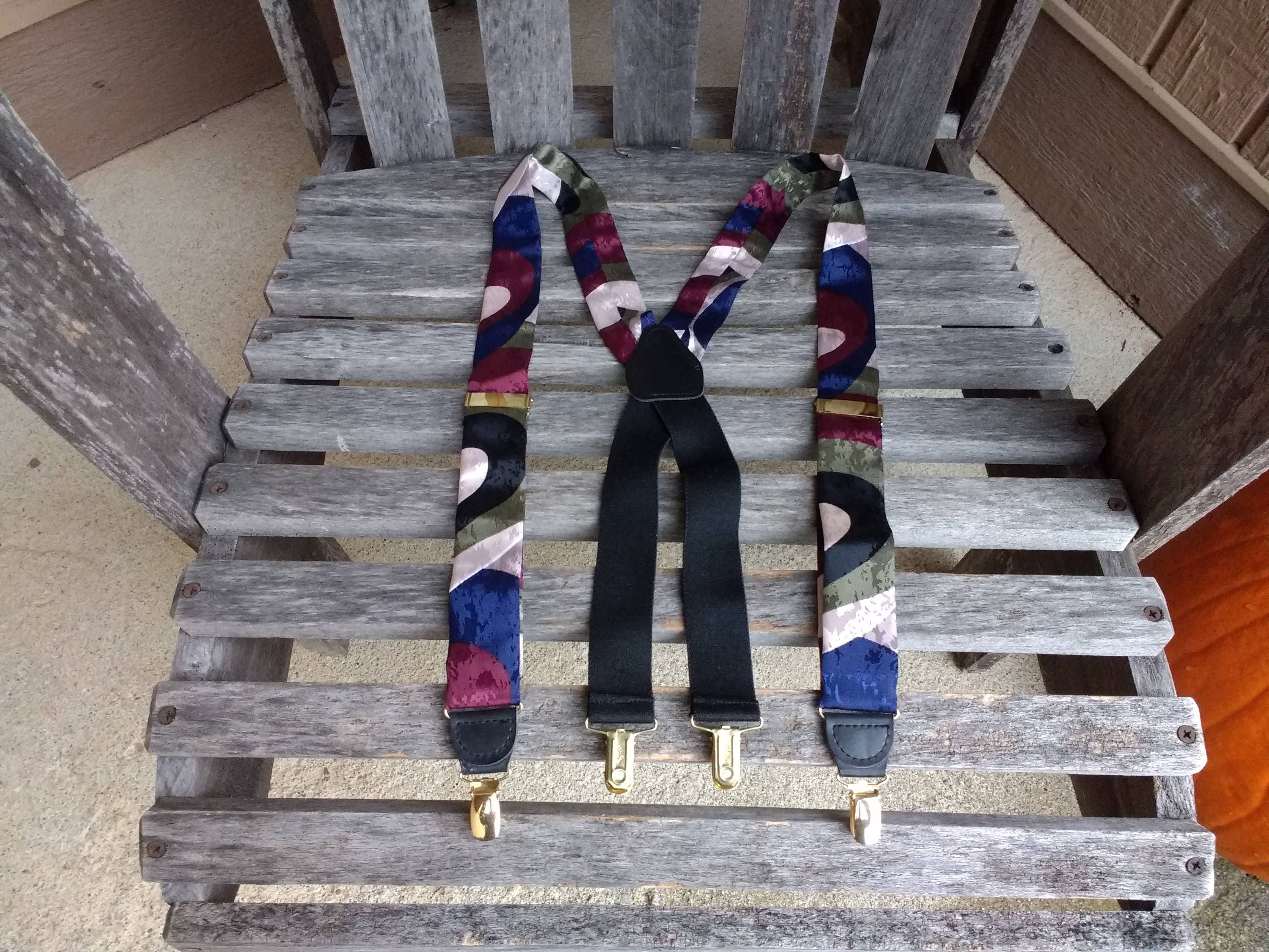 Vintage Pelican USA Clip on Suspenders Burgundy Red Navy  display picture 1
