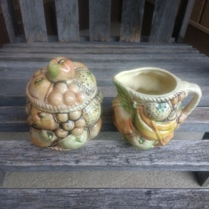 Vintage Mixed Fruit Porcelain Sugar Bowl and Creamer Set with Lidded Sugar Bowl