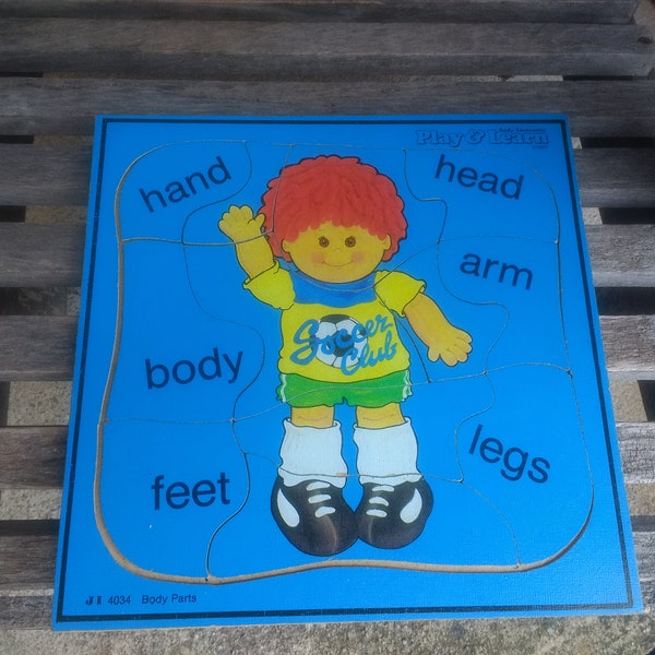 Vintage Judy Instructo Play and Learn Wood Jigsaw Puzzle Retro Soccer Educational Game Titled Body Parts 12 Pieces Year 1985