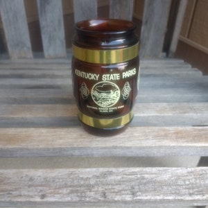 Kufel ze szkła brązowego Siesta Ware Kentucky State Parks z naturalnym mostem Carter Caves i kubkiem Jenny Wiley Retro Vintage Blue Grass Cup wyprodukowanym w USA