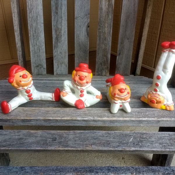 Vintage Silly Happy Clown Figurines Ceramic Retro Whimsical Fun Clowns Set of 4 Made in Taiwan