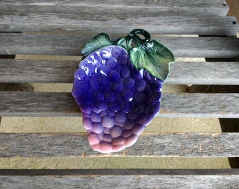 Vintage Ucagco Grape Ceramic Dish Purple Pink with Green Leaf Accent Original Foil Made in Japan