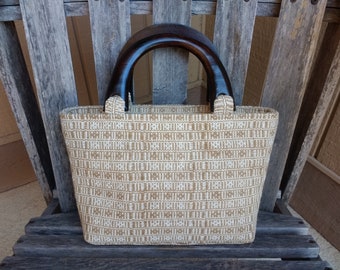 Vintage Woven Top Handle Handbag Brown Beige Tan Cream Wood Top Handle Bag Made in Thailand