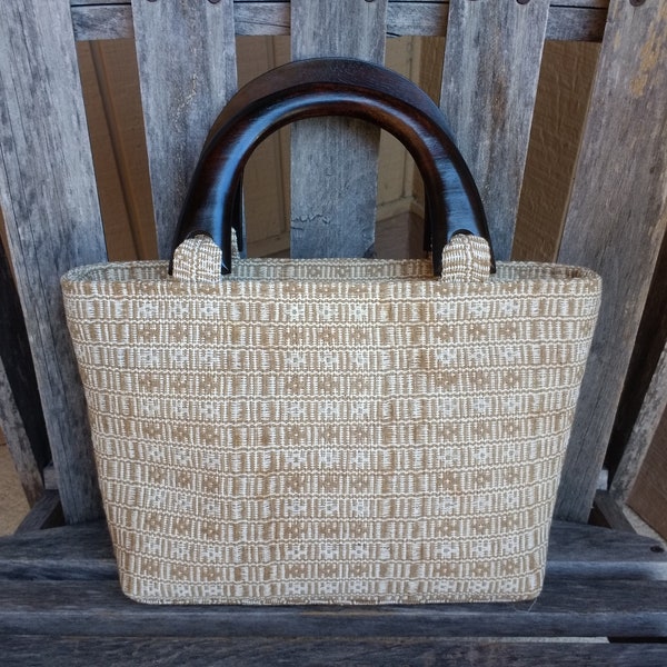 Vintage Woven Top Handle Handbag Brown Beige Tan Cream Wood Top Handle Bag Made in Thailand