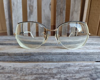 Black and White with Gold Accents Semi-Rimless Eyeglasses (Frames Only) Retro Vintage Metal and Plastic Glasses Made in Japan
