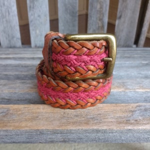 Vintage Fossil Brown Braided Leather Belt Single Prong Genuine Leather Woven Belt with Brass Buckle Made in Turkey