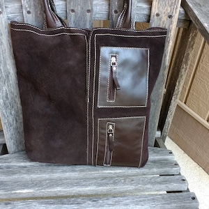 Vintage Brown Leather Handbag Medium Suede Tote Made in India