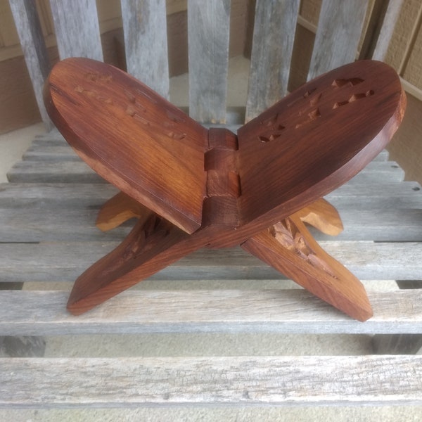 Vintage Brown Wooden Folding Book Stand with Brass Floral Inlays and Carved Cut Outs