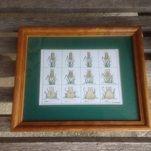 Vintage E Halsey Transformations Art Print Artist Signed Theme Cattail to Cat Framed 11&quot;x9&quot; Matted 7&quot;x5&quot; Year 1985