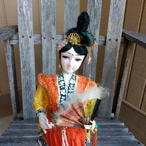 Vintage Japanese Geisha Doll Oriental Decorative Doll with Kimono and Fan on a Stand Height 15 1/2&quot;