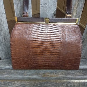 Vintage Lesco brun leguanhud topphandtag väska retro ödla läder handväska plånbok