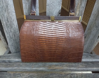 Vintage Lesco Brown Iguana Skin Top Handle Bag Retro Lizard Leather Handbag Purse