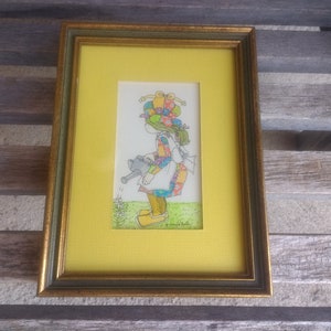 Vintage Linda Barton Miller Original Watercolor and Pen Drawing Art &quot;Little Scidders&quot; Artist Signed Framed 6&quot;x8&quot; Matted 2 1/2&quot;x4 1/2&quot; 1979