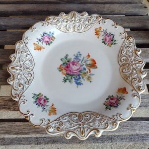 Jlmenau Graf Von Henneberg Porcelain Floral Serving Plate Retro Vintage German Serving Platter Hand Enameled Diameter 12&quot; Made in Germany