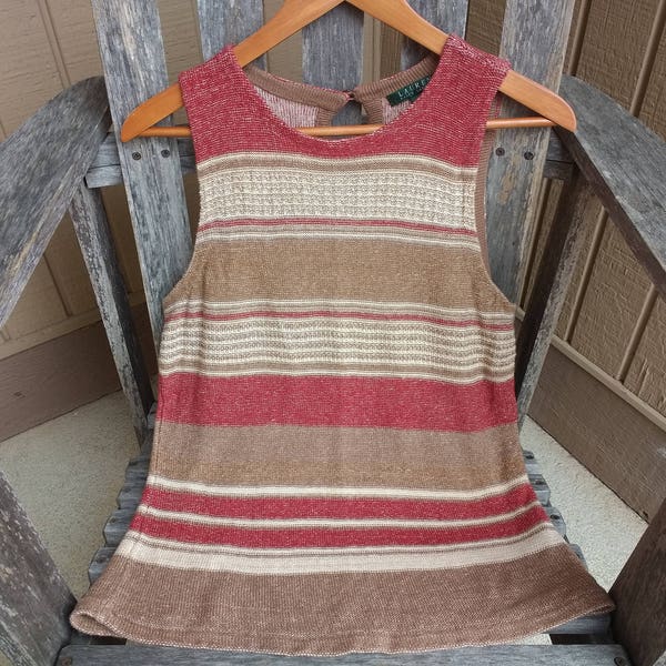 Vintage débardeur tissé Lauren Ralph Lauren femmes en tricot marron Bordeaux beige rayé sans manches Top en lin et coton taille XL