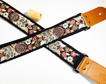 NuovoDesign Deluxe collection Sunflower Coffee FineEmbroiddered Guitar strap, size adjustable, vegan leather