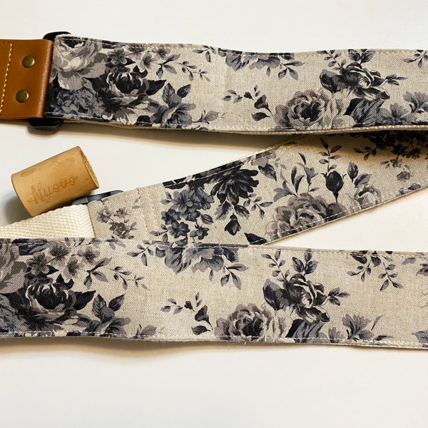 NuovoDesign Classic Rosa Black Floral Black on natural cotton canvas Guitar strap, vegan leather