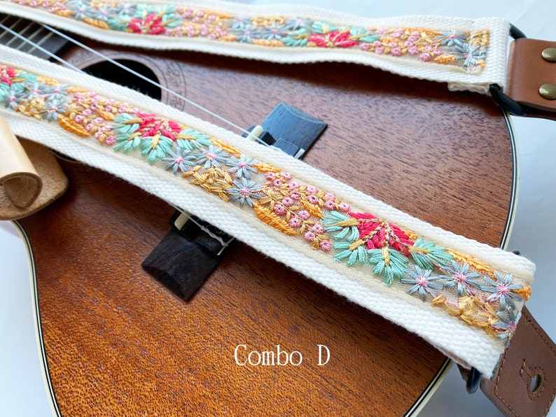 Promotional item NuovoDesign Deluxe collection 'Pizzo' fine detailsEmbroiderry ukulele strap, end pin included, vegan leather Combo D