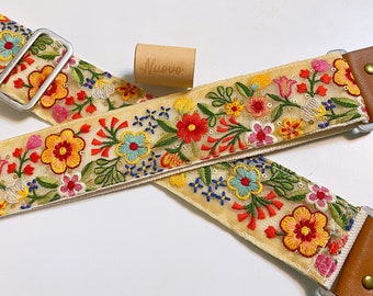 NuovoDesign Deluxe collection 'EngIish Garden' FineEmbroiddered Guitar strap, size adjustable, vegan leather