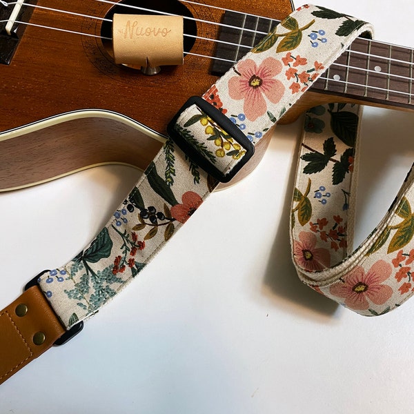 NuovoDesign 'Dancing Flowers' van natuurlijk linnen katoenen ukeleleband, inclusief kopconnector en eindpin, veganistisch leer