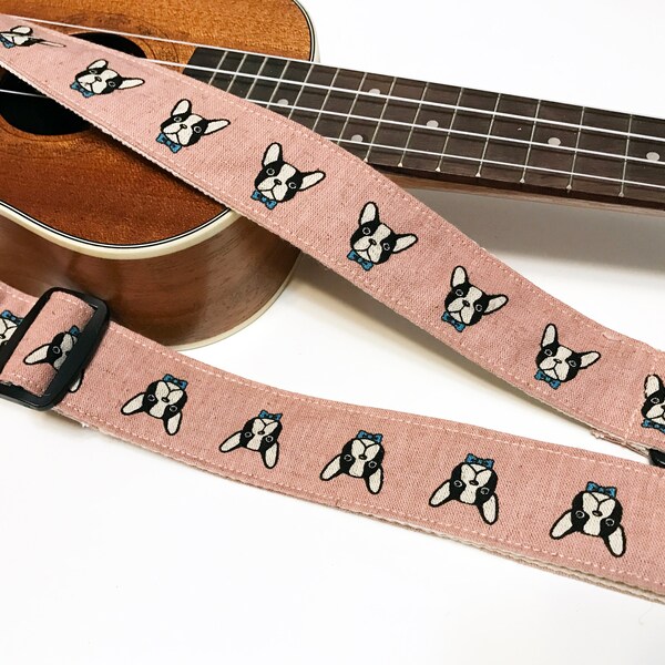 NuovoDesign French bulldog ukulele strap, headstock connector and end pin included, vegan