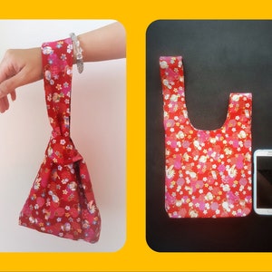 Reversible Japanese Knot Bag / Knotted Wristlet / Crochet Project Bag / Ochre Bag / Red Bag / Black Bag / Quilt Cotton / Small Bag /Loop Bag