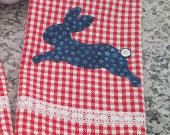 Red Check Bunny Tea Towel Set Patriotic Dish Towels Easter Home Decor Farmhouse Kitchen Towels Gift for Her Gift for MOM Kitchen Home Decor