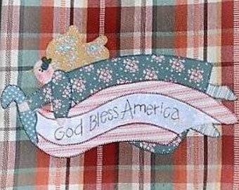 Kitchen Towel God Bless America - 4th of July - Rustic Angel Patriotic Tea Towel - Independence Day Decor Farmhouse Plaid - Rust Cream Blue