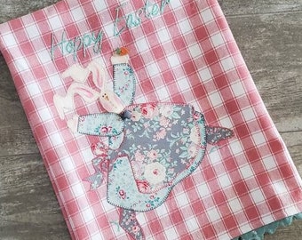 Easter Bunny Kitchen Towel - Bunny Rabbit Tea Towel - "Hoppy Easter" Dish Towel - Pink White - Spring Home Decor - Farmhouse - Gift for Her