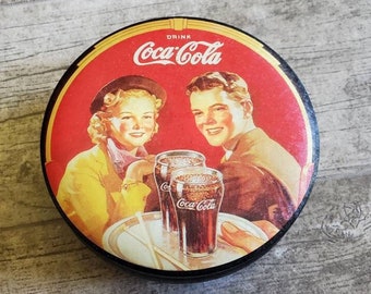 Authentic Vintage Coca-Cola tin - Collectible Coke Tin - 1989 Round Container - Red Black 50's Style Decor - Couple Metal Tins Just Like New