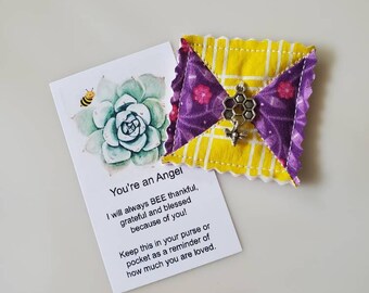 BEE Pocket Prayer Quilt Square / Miniature Quilts / Tiny Quilt with Bumblebee themed Card insert / Sympathy Remembrance Thinking of You Gift