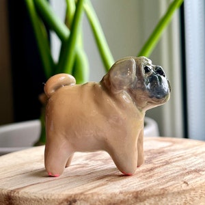 Puede incluir: Una pequeña figurita de cerámica beige de un pug con ojos negros y cola enroscada. La figurita está de pie sobre una superficie de madera.