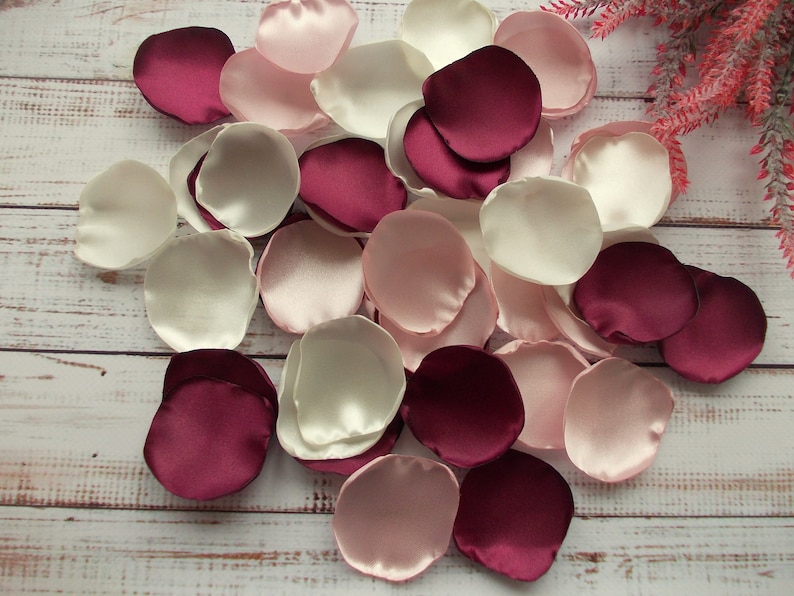 Burgundy, Blush, and Ivory Satin Rose Petals: Wedding Aisle Decor image 4