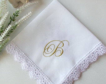 Wedding Embroidered Handkerchief, Monogrammed Wedding Gift For Mom Bridesmaid Gift Something Blue Personalized Hankie for Bride Vintage Font