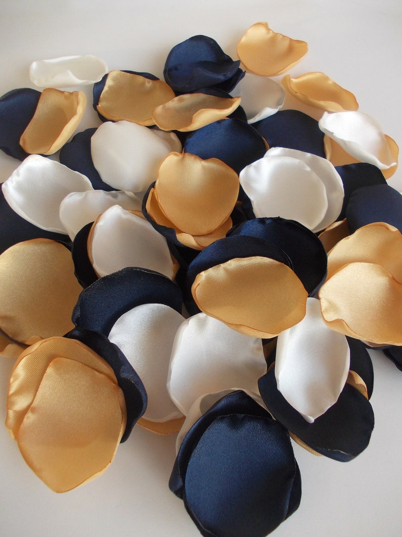 Navy Gold Light Ivory Satin Rose Petals, Silk Wedding Petals, Flower Petals, Dark Blue Gold Wedding Petals, Artificial Petals, Bridal shower image 4