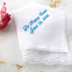 For happy tears wedding handkerchief Bridesmaid Gift Embroidered Bridal Handkerchief to Bride For your happy tears keepsake Something blue