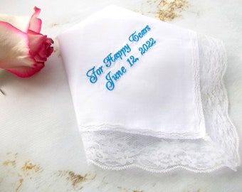 For happy tears wedding handkerchief Bridesmaid Gift Embroidered Bridal Handkerchief to Bride For your happy tears keepsake Something blue