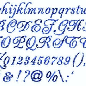 May include: A blue embroidered font set with uppercase and lowercase letters, numbers, and punctuation marks. The font is a cursive script style.