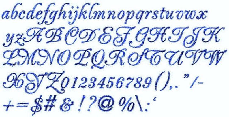 May include: A blue embroidered font set with uppercase and lowercase letters, numbers, and punctuation marks. The font is a cursive script style.