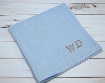 Personalized Embroidered Handkerchief Monogrammed Linen Pocket Square  Initials Hankie  Linen Embroidered Pocket Square  Blue Handkerchief