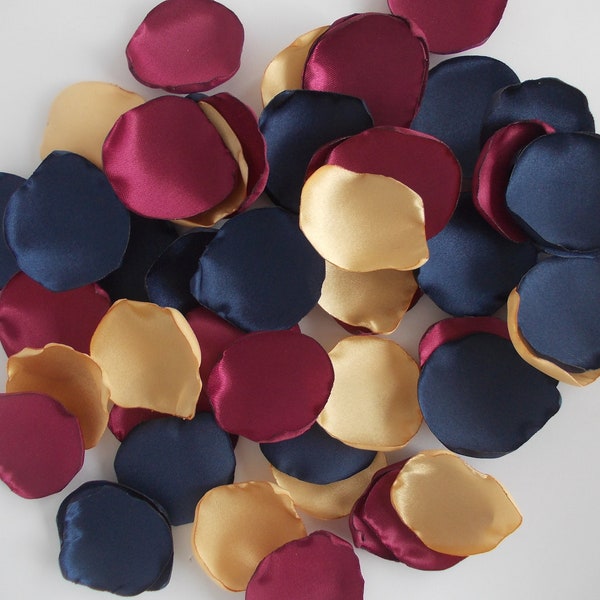 Navy Burgundy Gold Satin Rose Petals, Silk Wedding Petals, Flower Petals, Blue Maroon Gold Wedding Petals, Artificial Petals