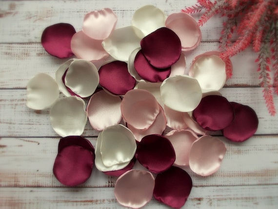 Burgundy, Blush, and Ivory Satin Rose Petals: Wedding Aisle Decor